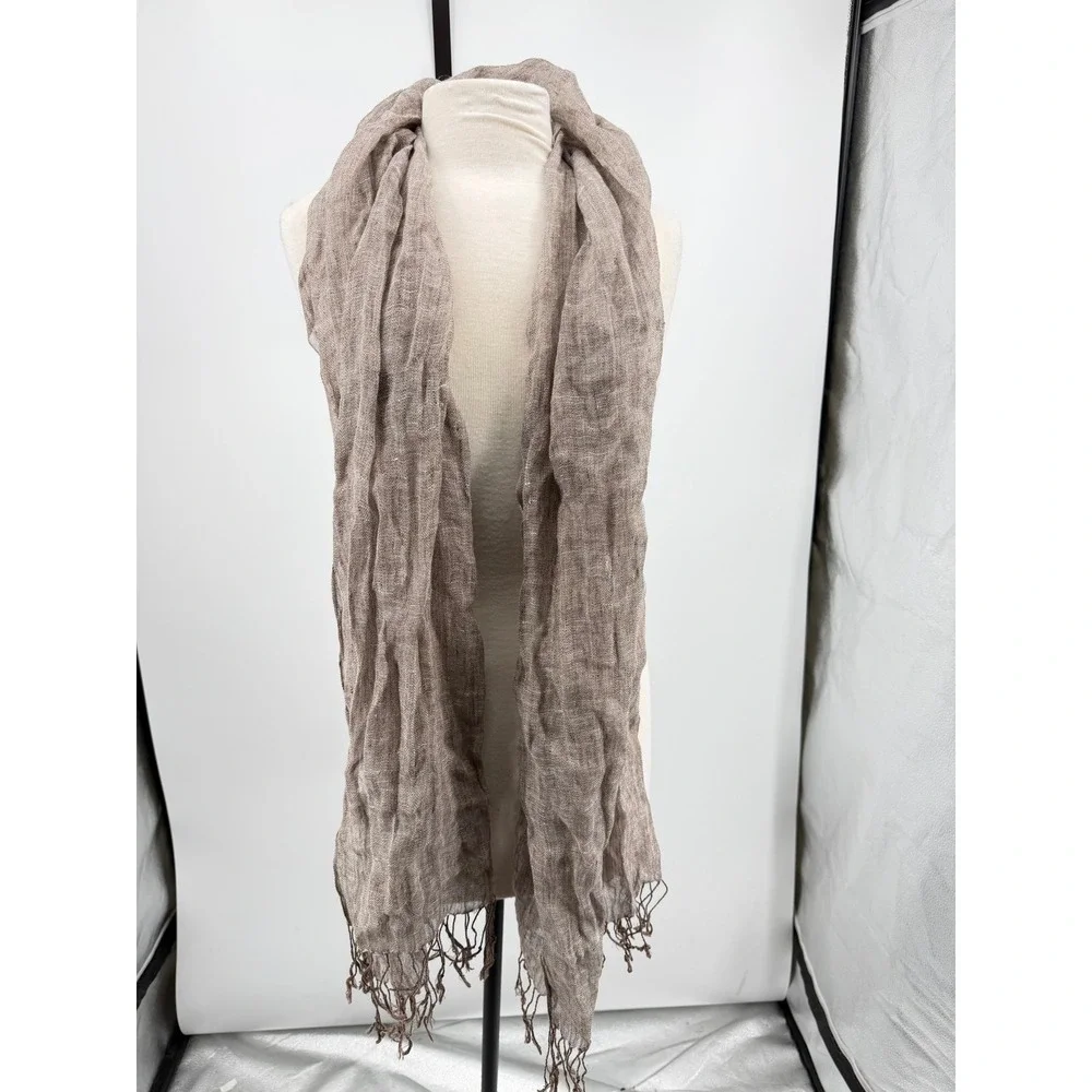 Jeelow 100% Linen Scarf Women One Size Taupe Brown Fringed Crinkle Lightweight